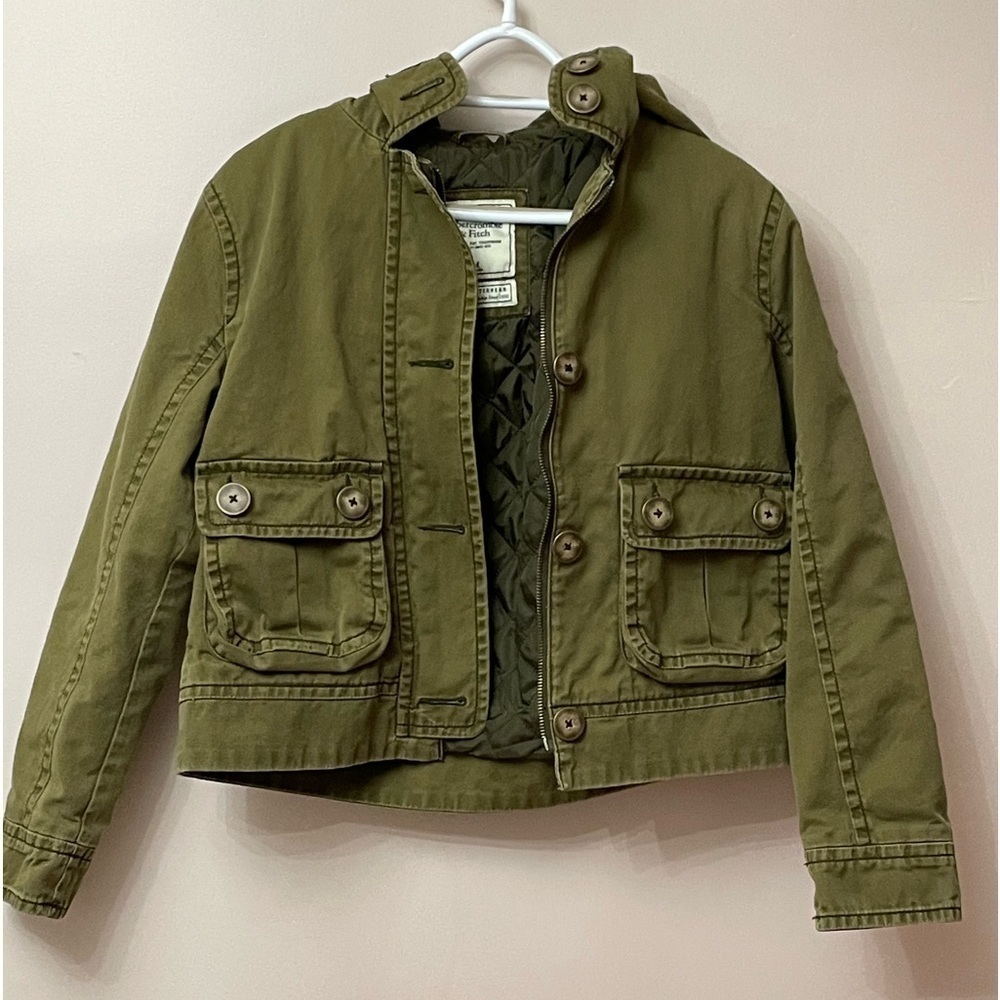 Y2K Abercrombie & Fitch Olive Zip Hoodie Jacket Womens Size M Distressed Utility